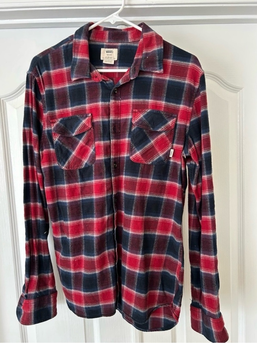 Vans Men’s Red and Navy Plaid Button-Down Shirt